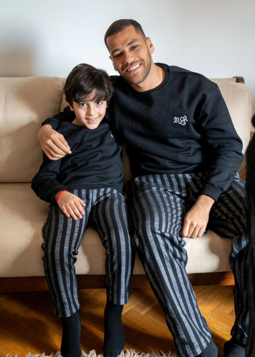 Boys kids Winter pajama set Black Top + Stripe Pants - Image 3