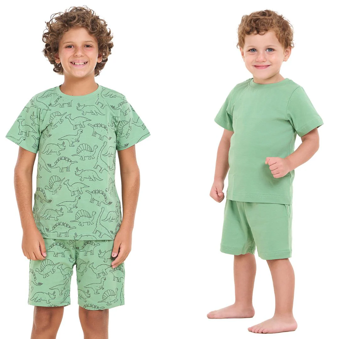 Boys summer pajama Bundle set Apple Green and Dino t-shirts + shorts - Image 2