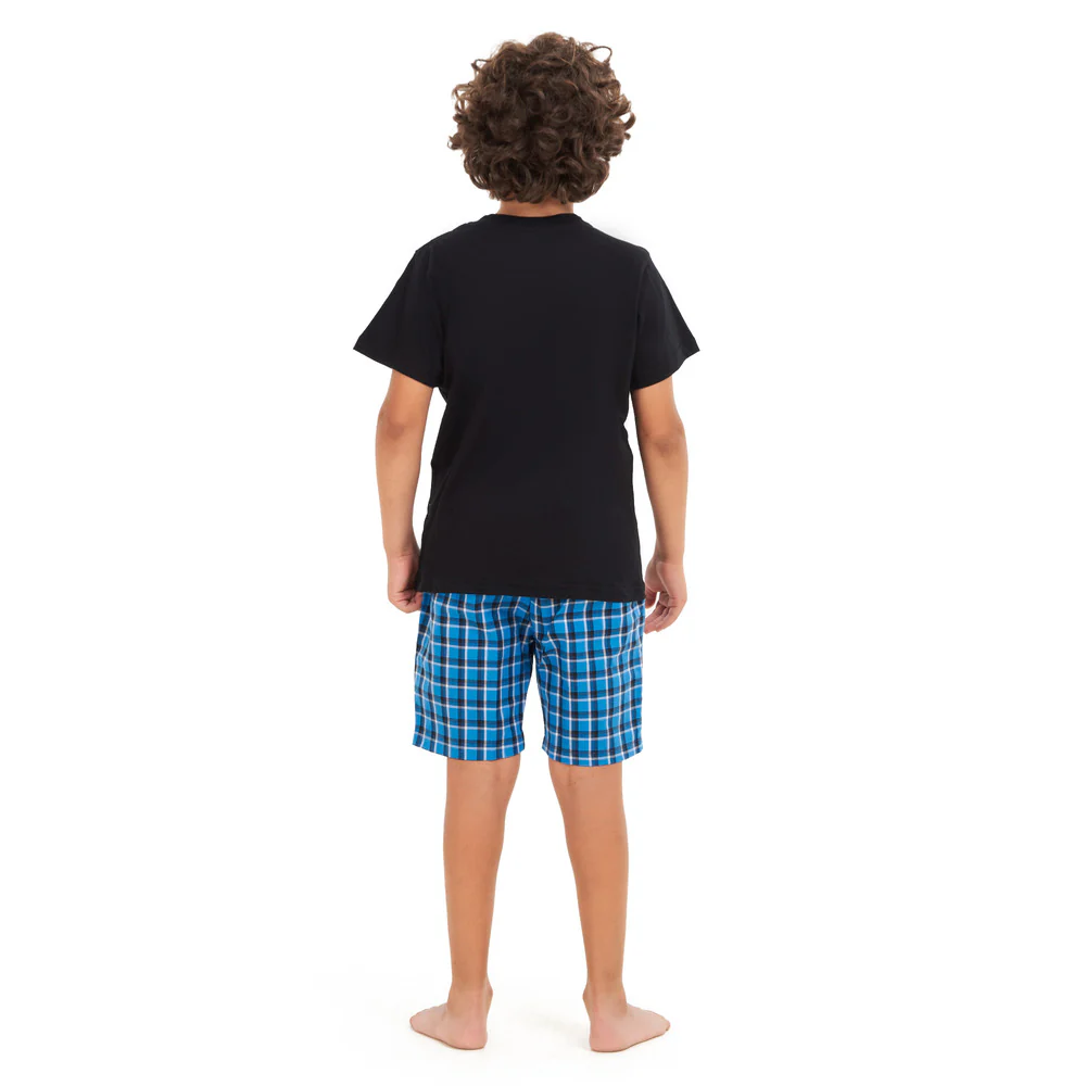 Boys summer pajama set Black t-shirt +Squared Blue shorts - Image 2