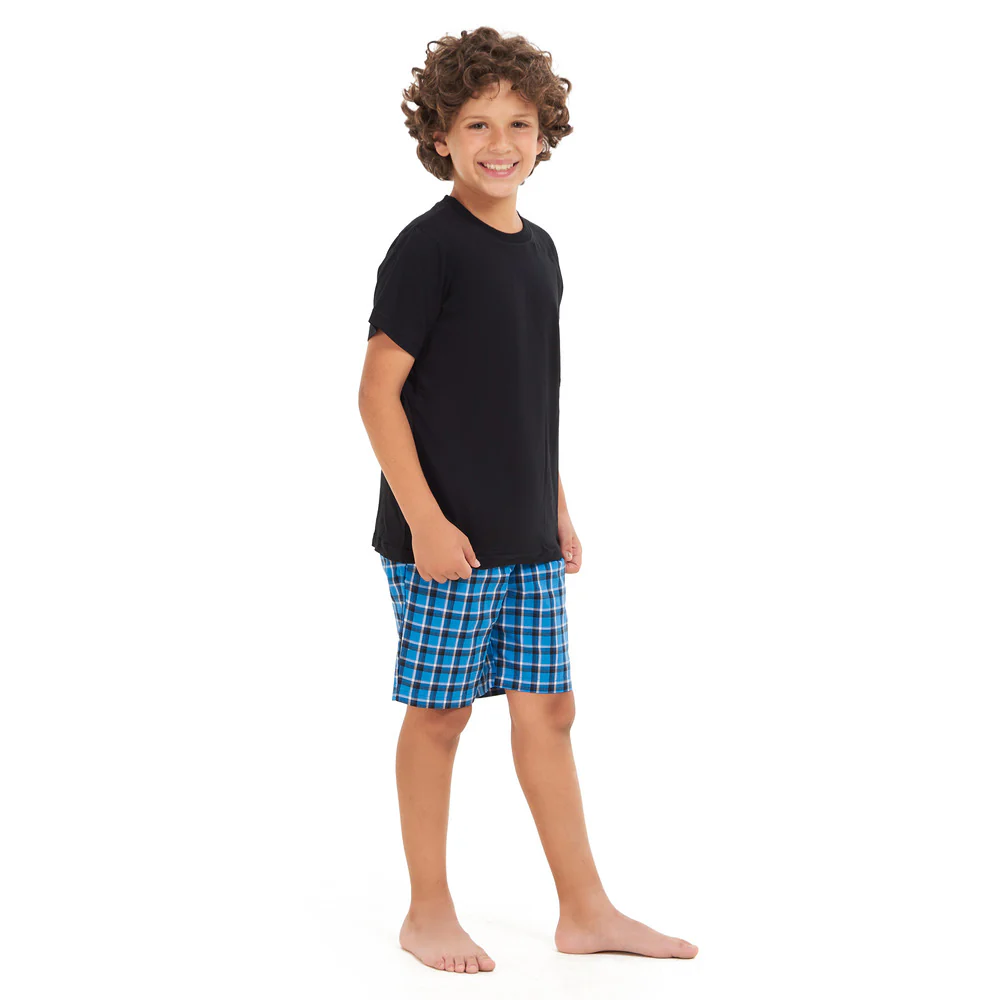 Boys summer pajama set Black t-shirt +Squared Blue shorts - Image 3