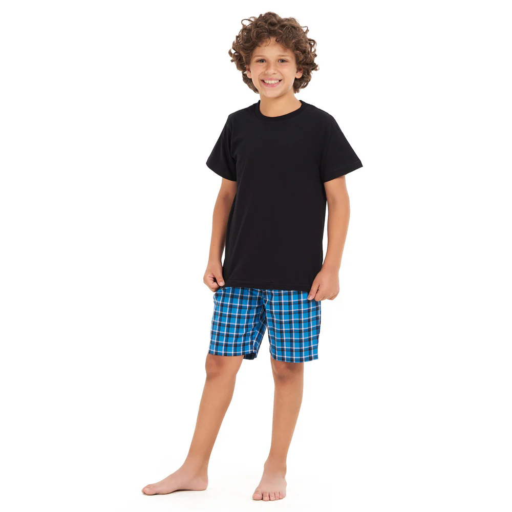 Boys summer pajama set Black t-shirt +Squared Blue shorts - Image 4