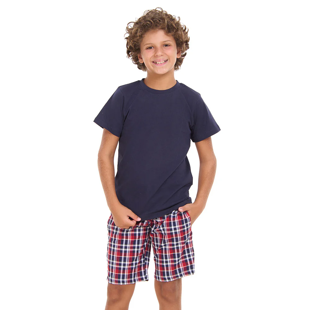Boys summer pajama set Dark Blue t-shirt +Dark Blue x Red Checkered shorts - Image 2