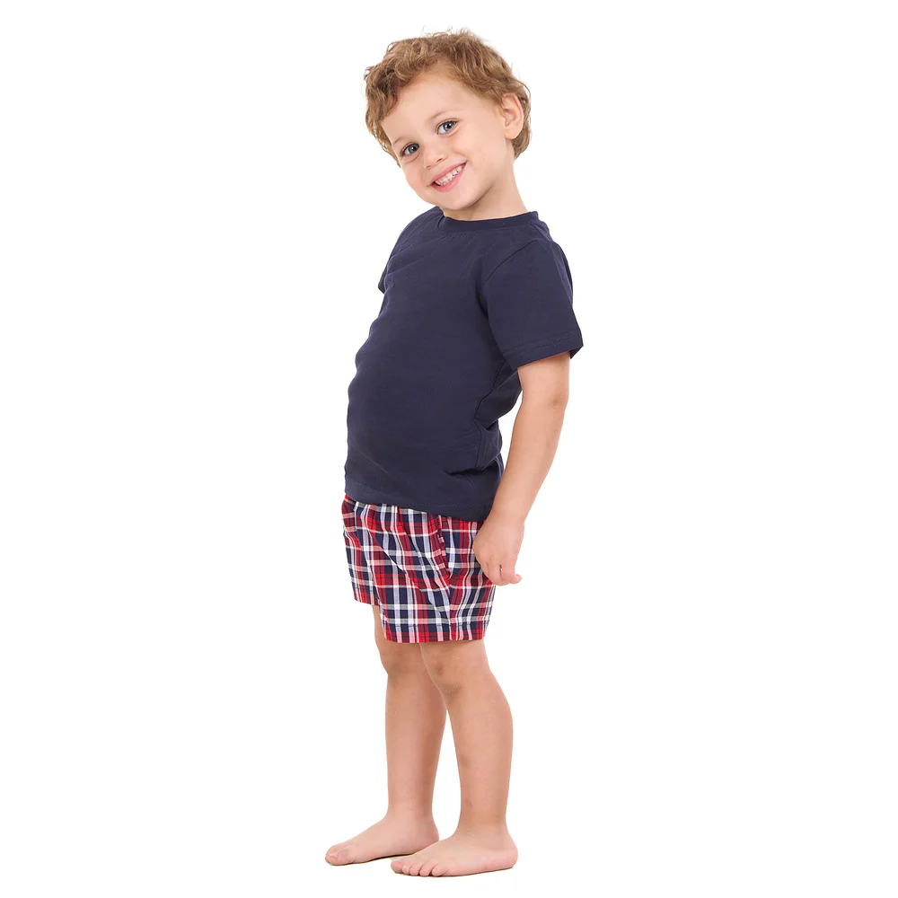 Boys summer pajama set Dark Blue t-shirt +Dark Blue x Red Checkered shorts - Image 3