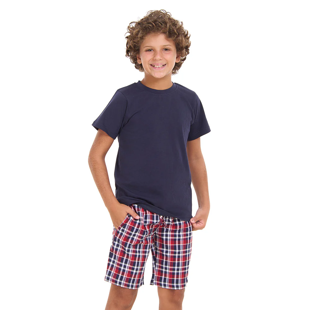 Boys summer pajama set Dark Blue t-shirt +Dark Blue x Red Checkered shorts - Image 4