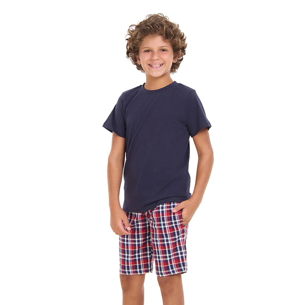 Boys summer pajama set Dark Blue t-shirt +Dark Blue x Red Checkered shorts - Image 6