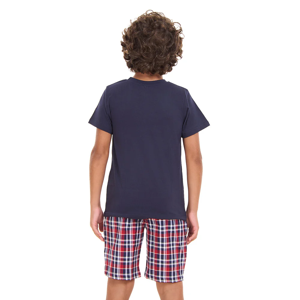 Boys summer pajama set Dark Blue t-shirt +Dark Blue x Red Checkered shorts - Image 8