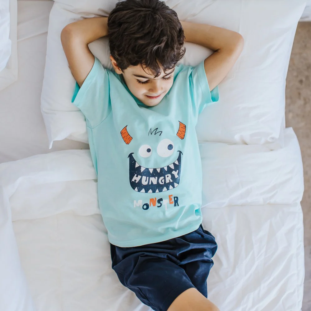 Boys summer pajama set Hungry monster t-shirt +Dark blue shorts - Image 2