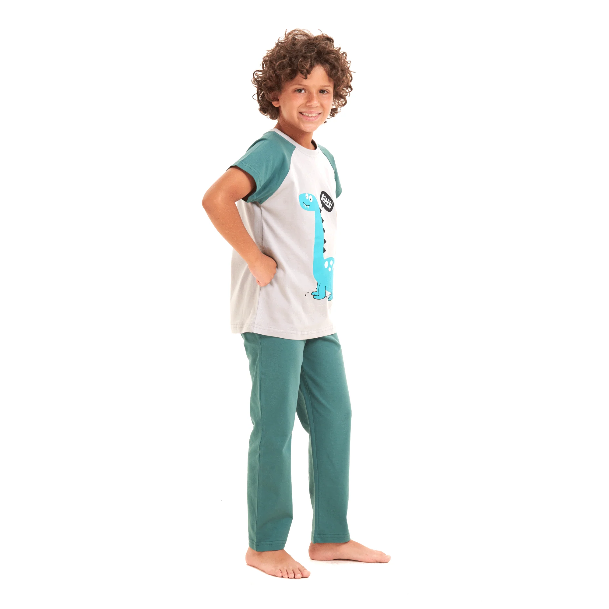 Boys summer pajama set Light blue dinasour t-shirt +Green pants - Image 2