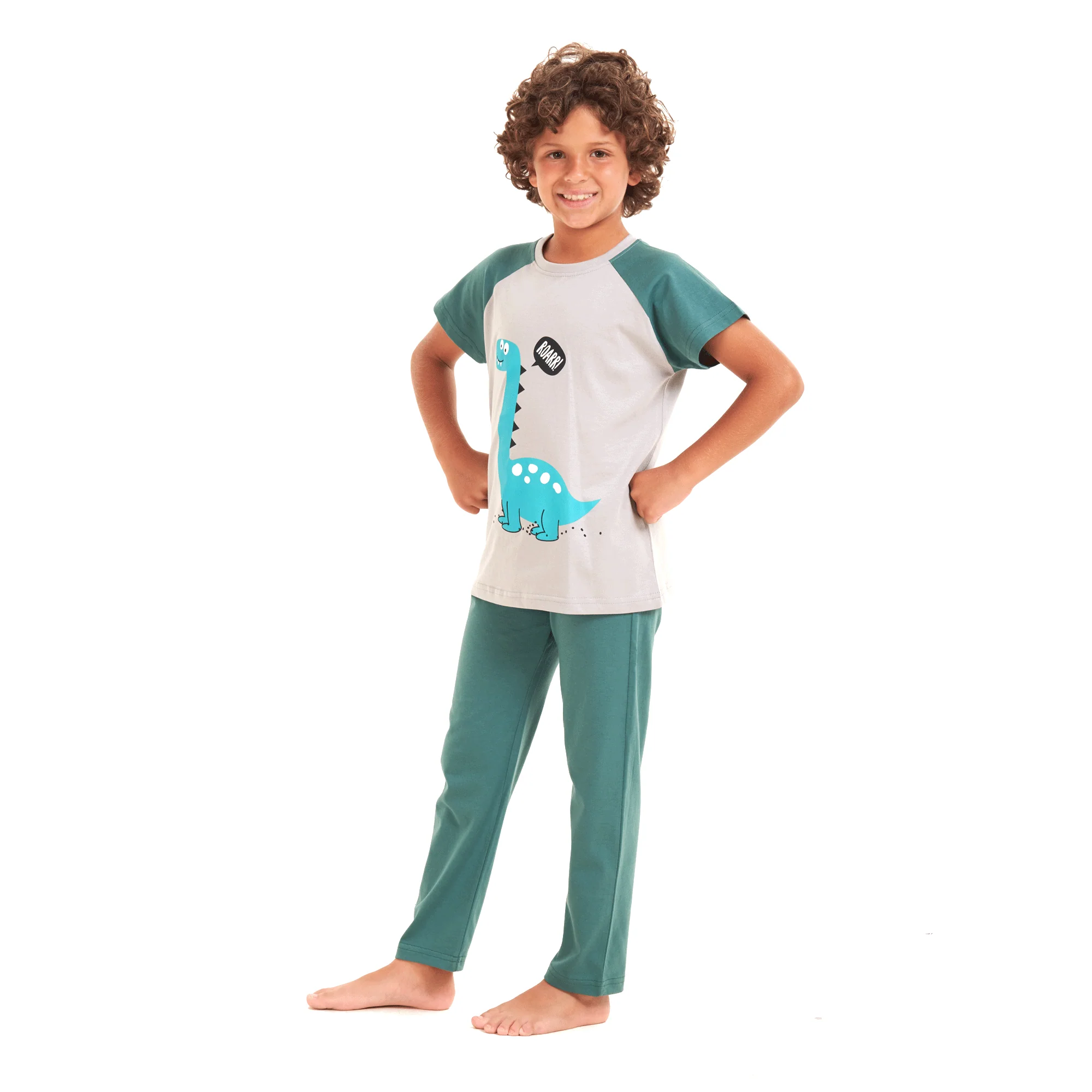 Boys summer pajama set Light blue dinasour t-shirt +Green pants - Image 3