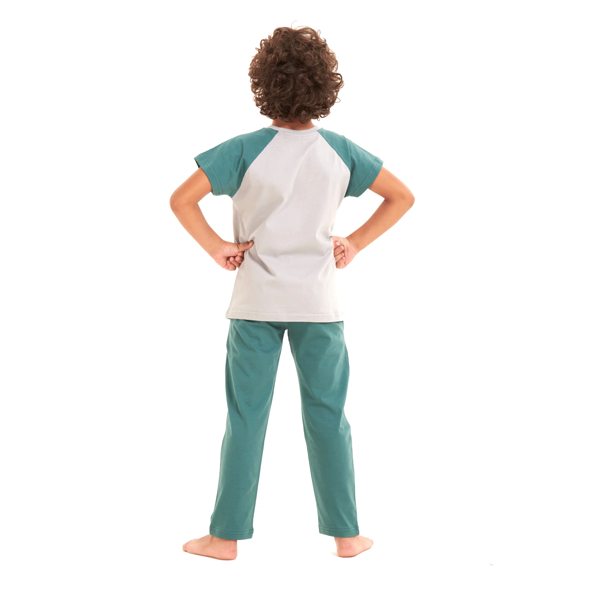 Boys summer pajama set Light blue dinasour t-shirt +Green pants - Image 4
