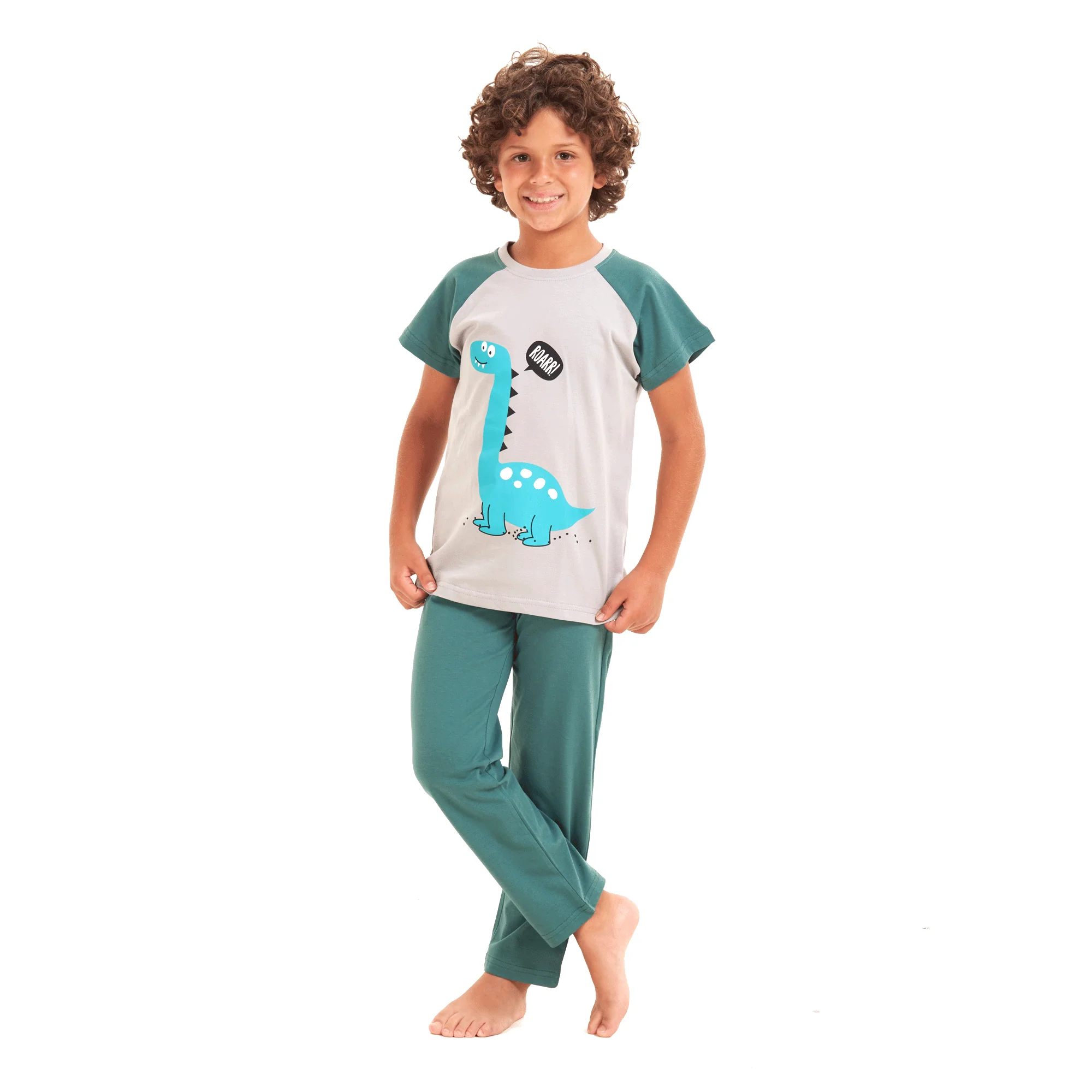 Boys summer pajama set Light blue dinasour t-shirt +Green pants - Image 5