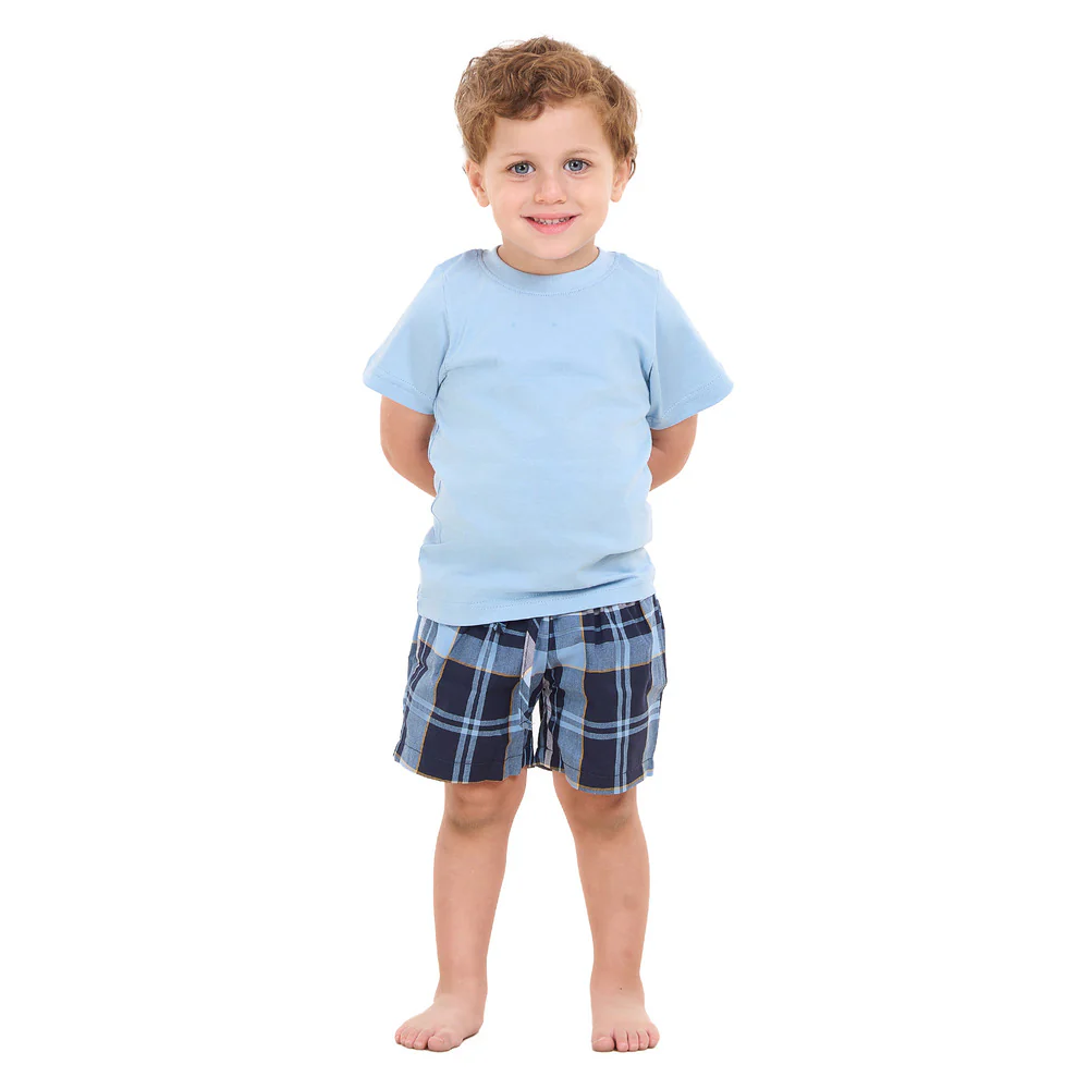 Boys summer pajama set Light Blue t-shirt +Light Blue x Dark Blue Checkered shorts - Image 2