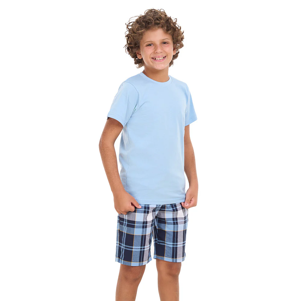 Boys summer pajama set Light Blue t-shirt +Light Blue x Dark Blue Checkered shorts - Image 3