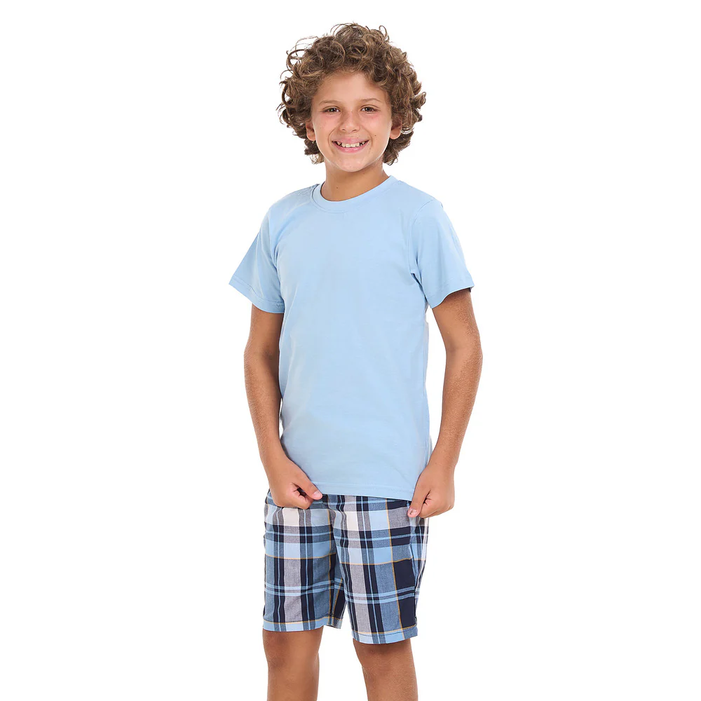 Boys summer pajama set Light Blue t-shirt +Light Blue x Dark Blue Checkered shorts - Image 5