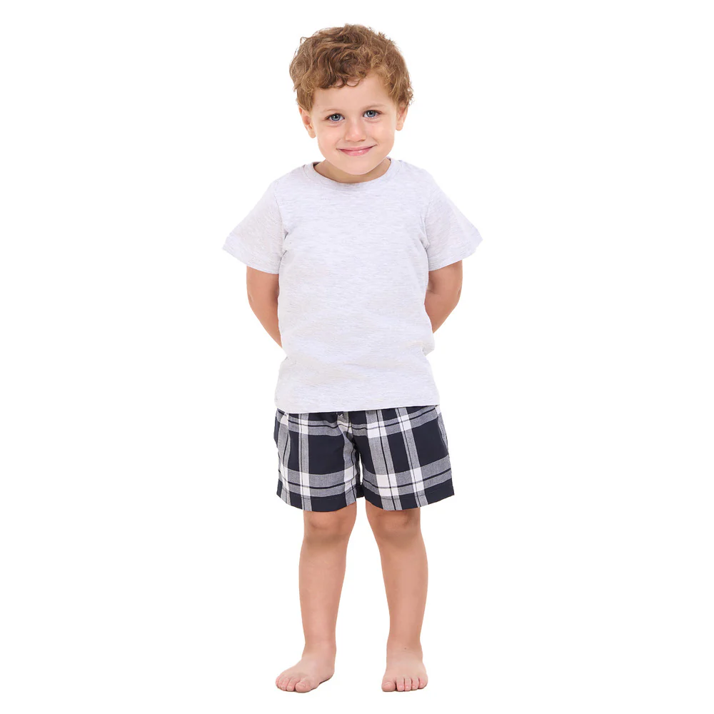 Boys summer pajama set Light Grey t-shirt +Dark Bue x White Checkered shorts - Image 2