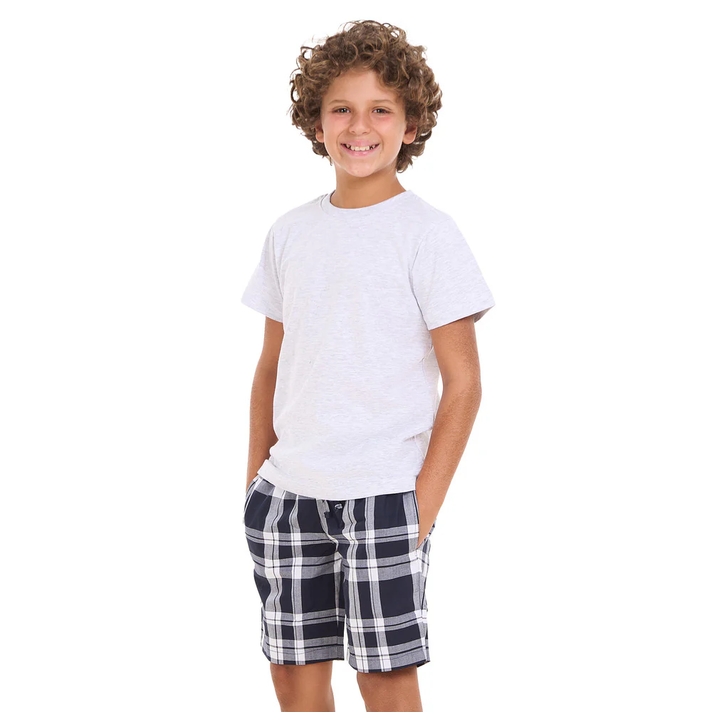 Boys summer pajama set Light Grey t-shirt +Dark Bue x White Checkered shorts - Image 3