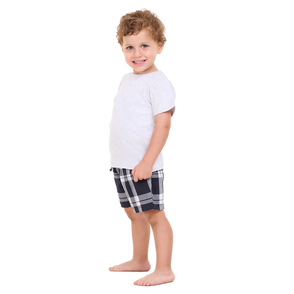 Boys summer pajama set Light Grey t-shirt +Dark Bue x White Checkered shorts - Image 4