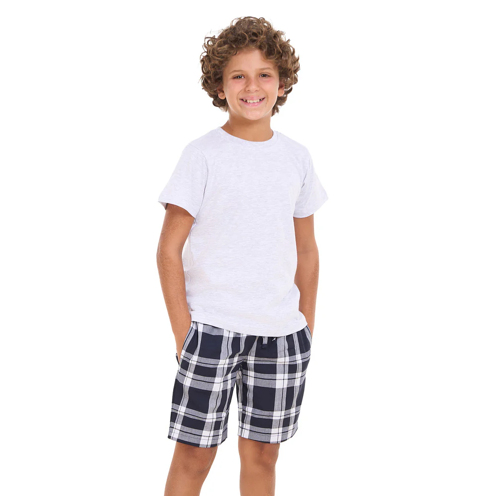 Boys summer pajama set Light Grey t-shirt +Dark Bue x White Checkered shorts - Image 5