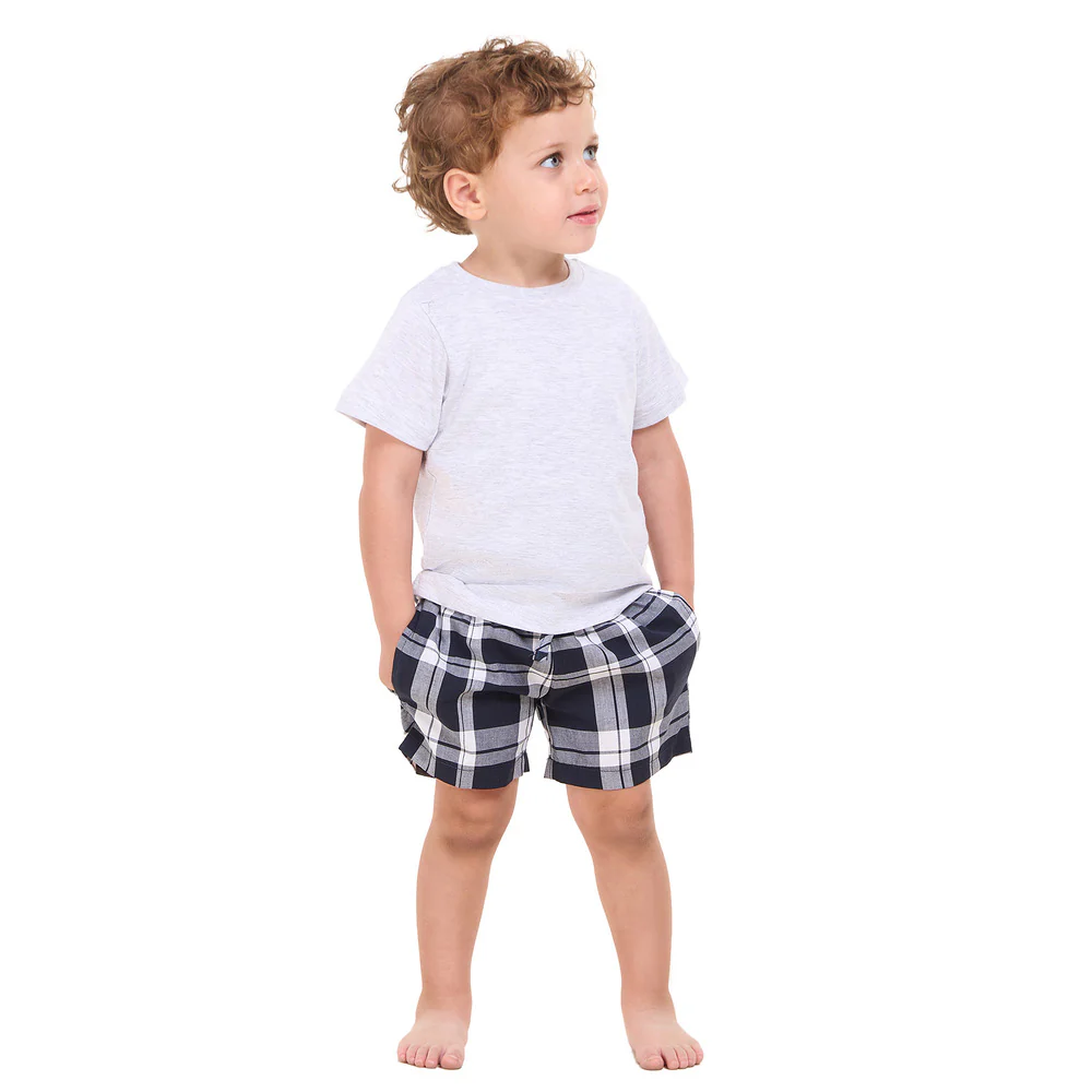 Boys summer pajama set Light Grey t-shirt +Dark Bue x White Checkered shorts - Image 6