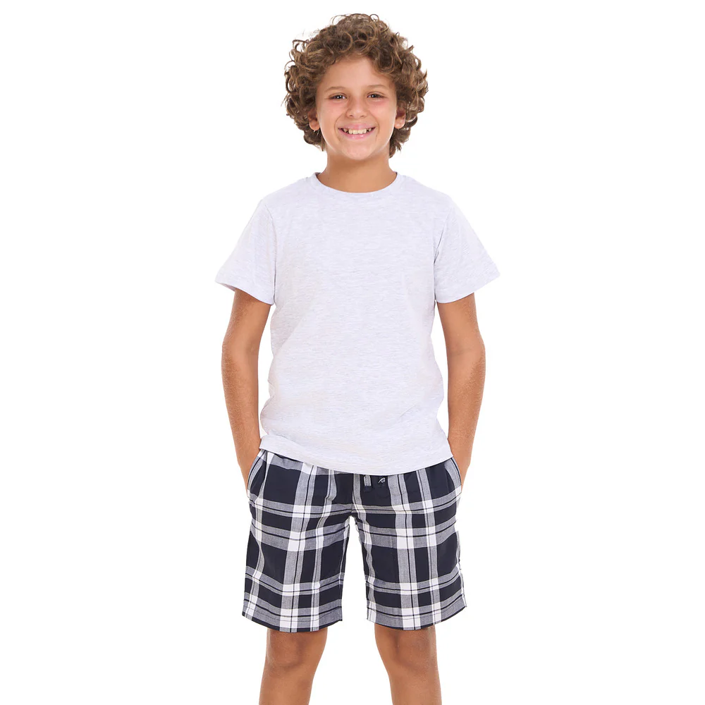 Boys summer pajama set Light Grey t-shirt +Dark Bue x White Checkered shorts - Image 7