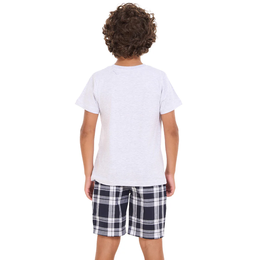 Boys summer pajama set Light Grey t-shirt +Dark Bue x White Checkered shorts - Image 8