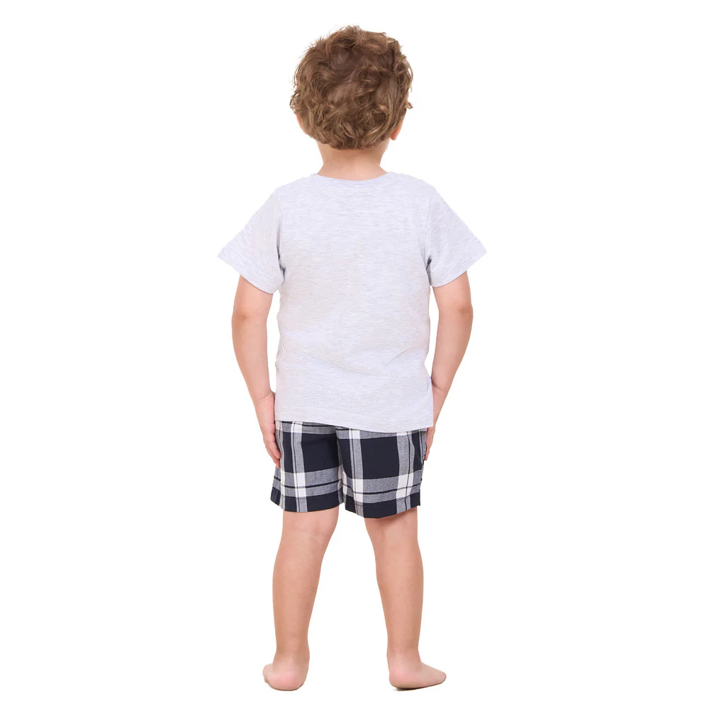 Boys summer pajama set Light Grey t-shirt +Dark Bue x White Checkered shorts - Image 9