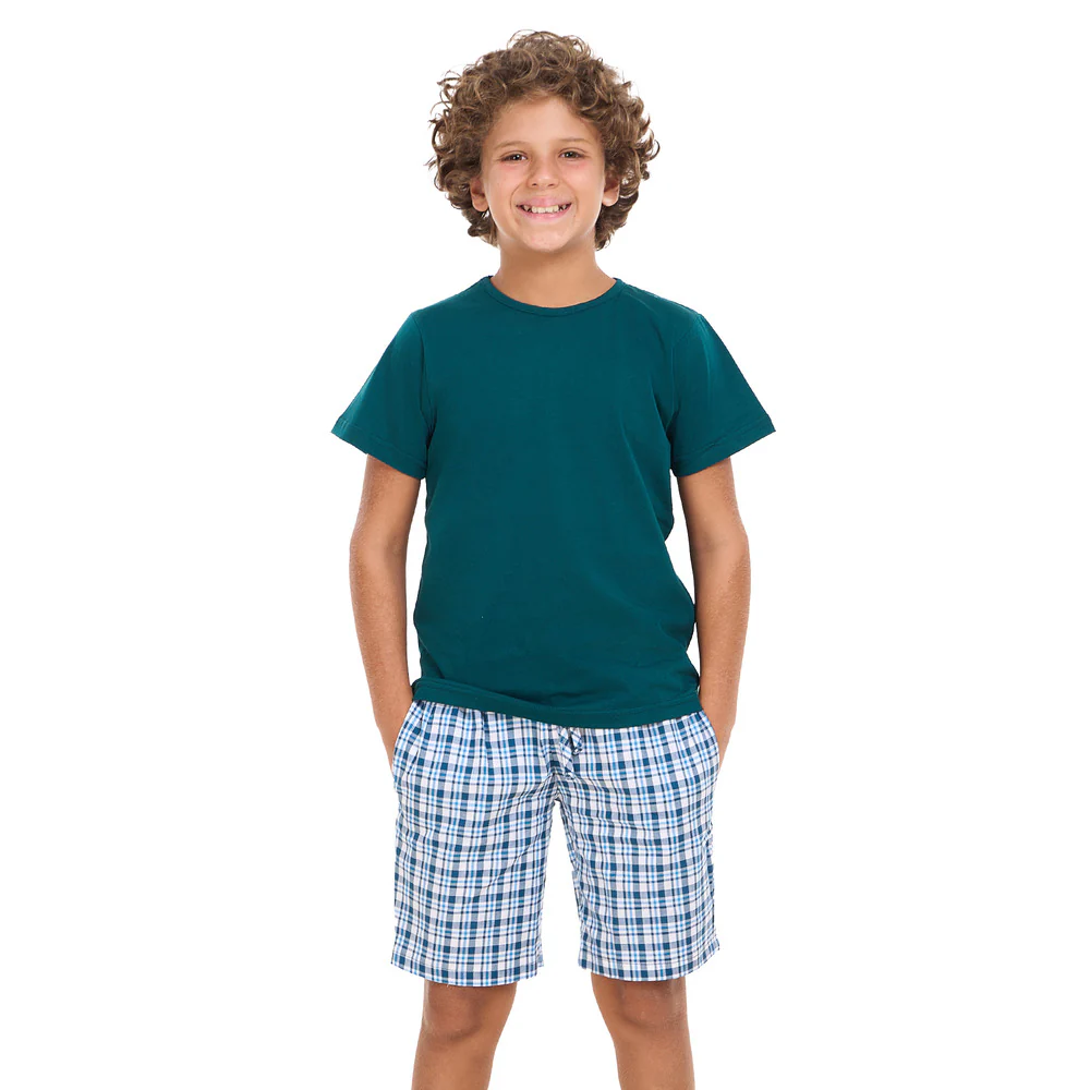 Boys summer pajama set Petroleum t-shirt +Petroleum x White Checkered  shorts - Image 2