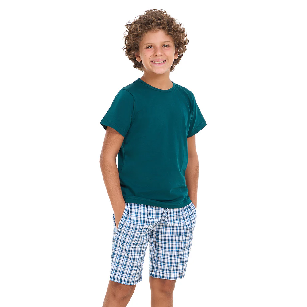Boys summer pajama set Petroleum t-shirt +Petroleum x White Checkered  shorts - Image 6