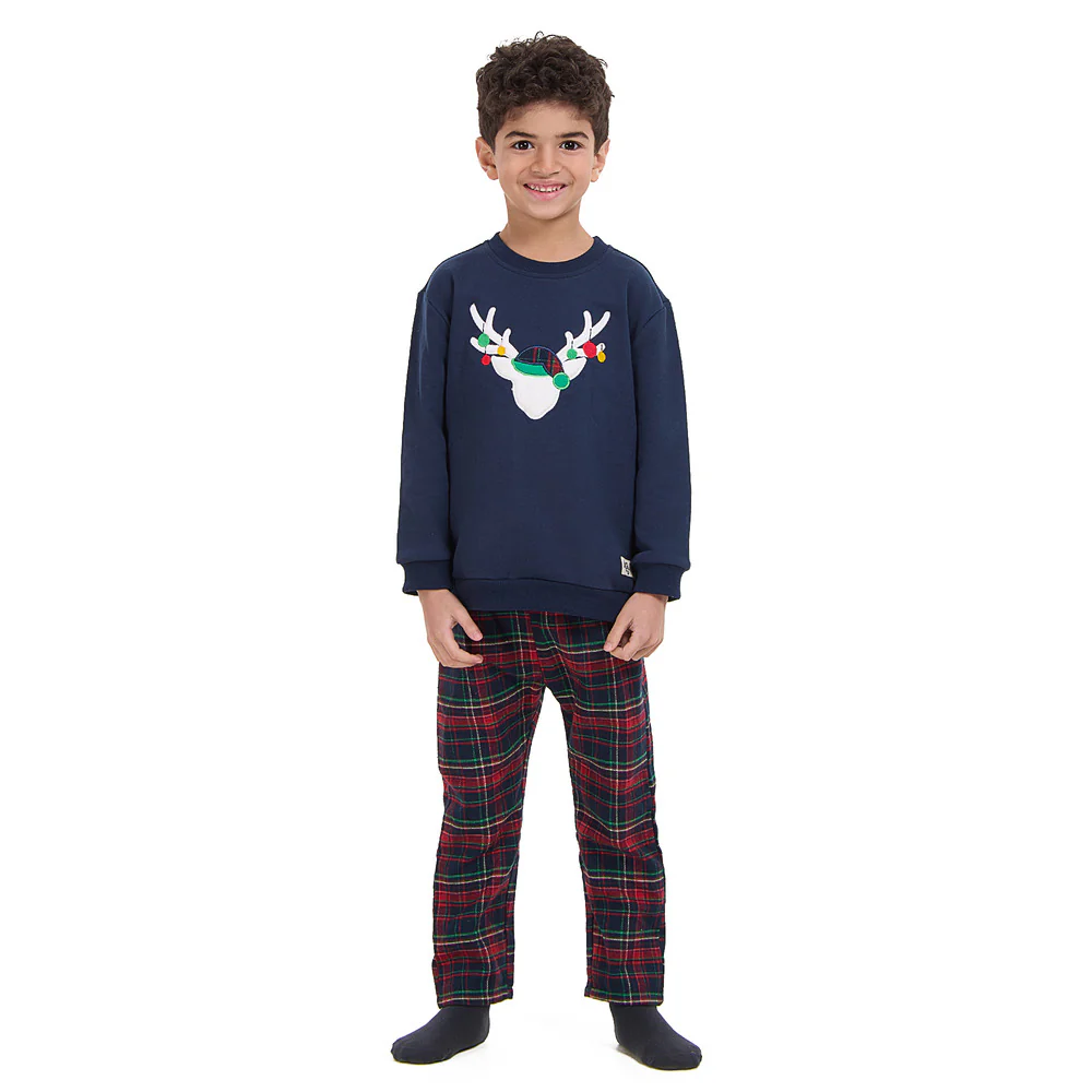 Boys kids Winter pajama set Dark Blue deer Top + Dark Blue x Red Checkered Pants - Image 3