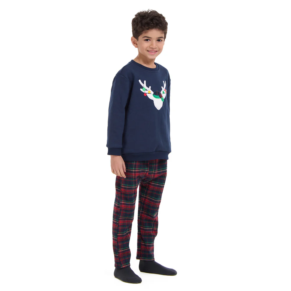 Boys kids Winter pajama set Dark Blue deer Top + Dark Blue x Red Checkered Pants - Image 4