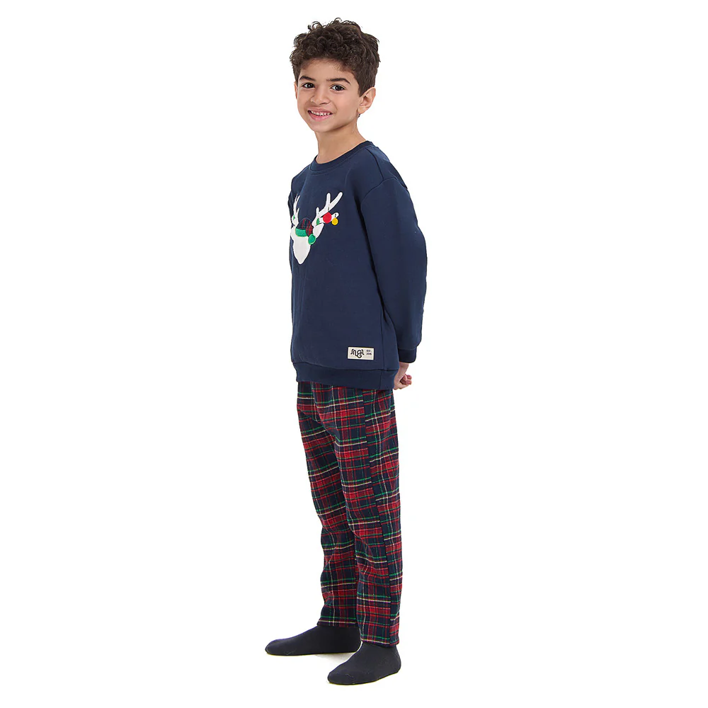 Boys kids Winter pajama set Dark Blue deer Top + Dark Blue x Red Checkered Pants - Image 5