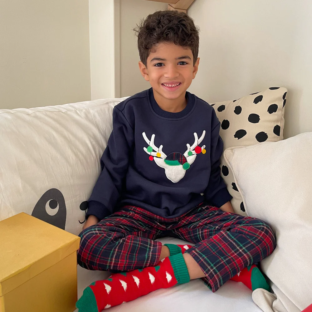Boys kids Winter pajama set Dark Blue deer Top + Dark Blue x Red Checkered Pants - Image 6