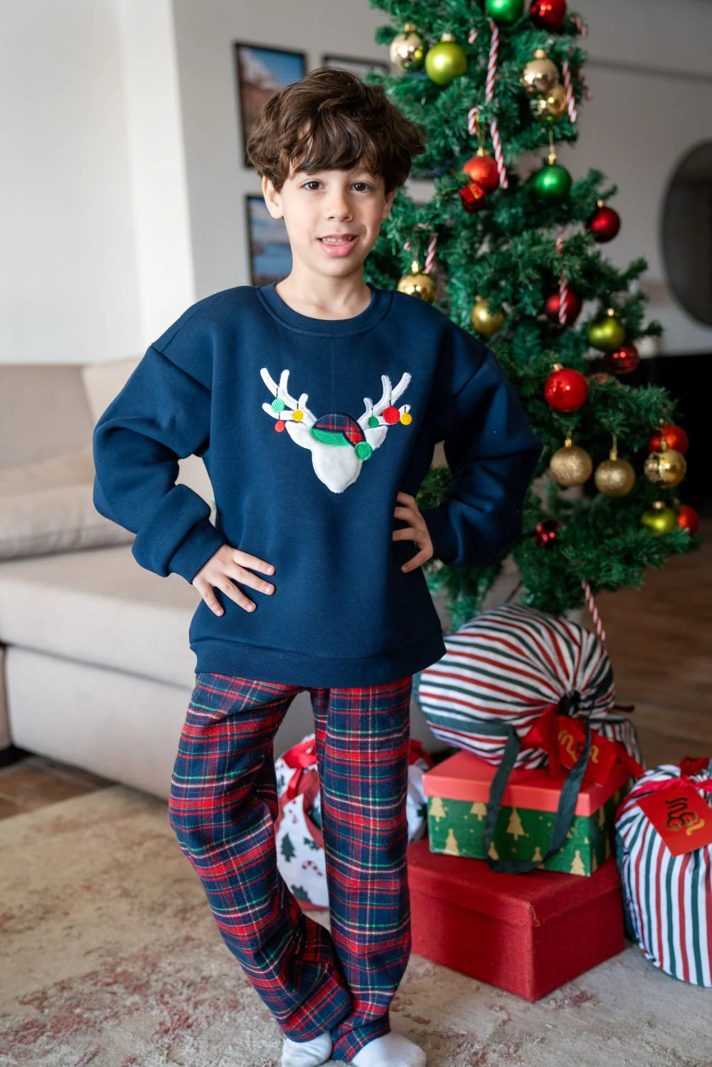 Boys kids Winter pajama set Dark Blue deer Top + Dark Blue x Red Checkered Pants - Image 7