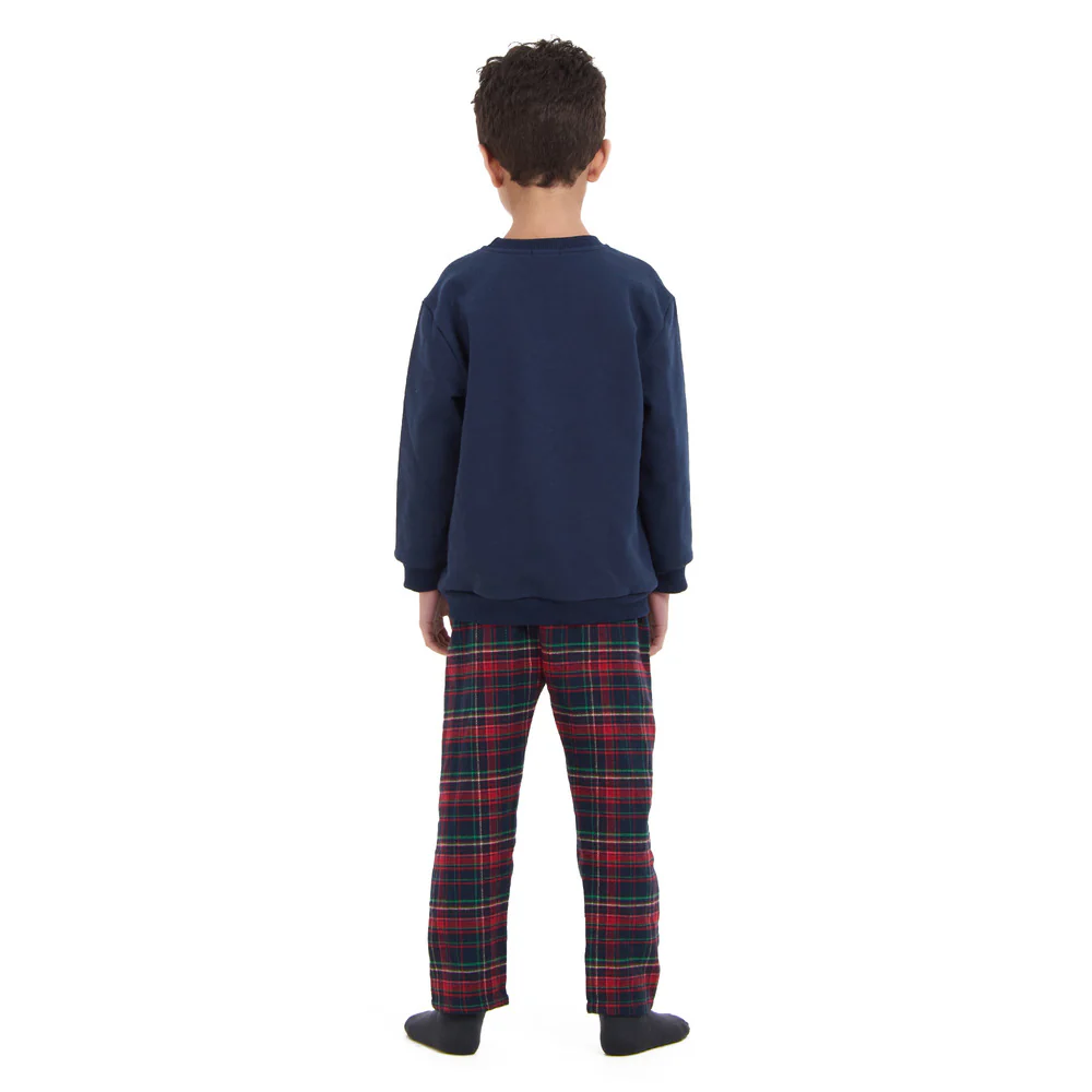 Boys kids Winter pajama set Dark Blue deer Top + Dark Blue x Red Checkered Pants - Image 8