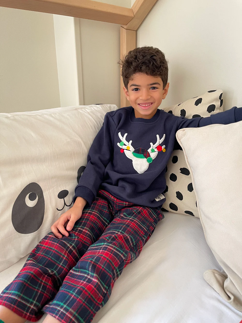 Boys kids Winter pajama set Dark Blue deer Top + Dark Blue x Red Checkered Pants - Image 9