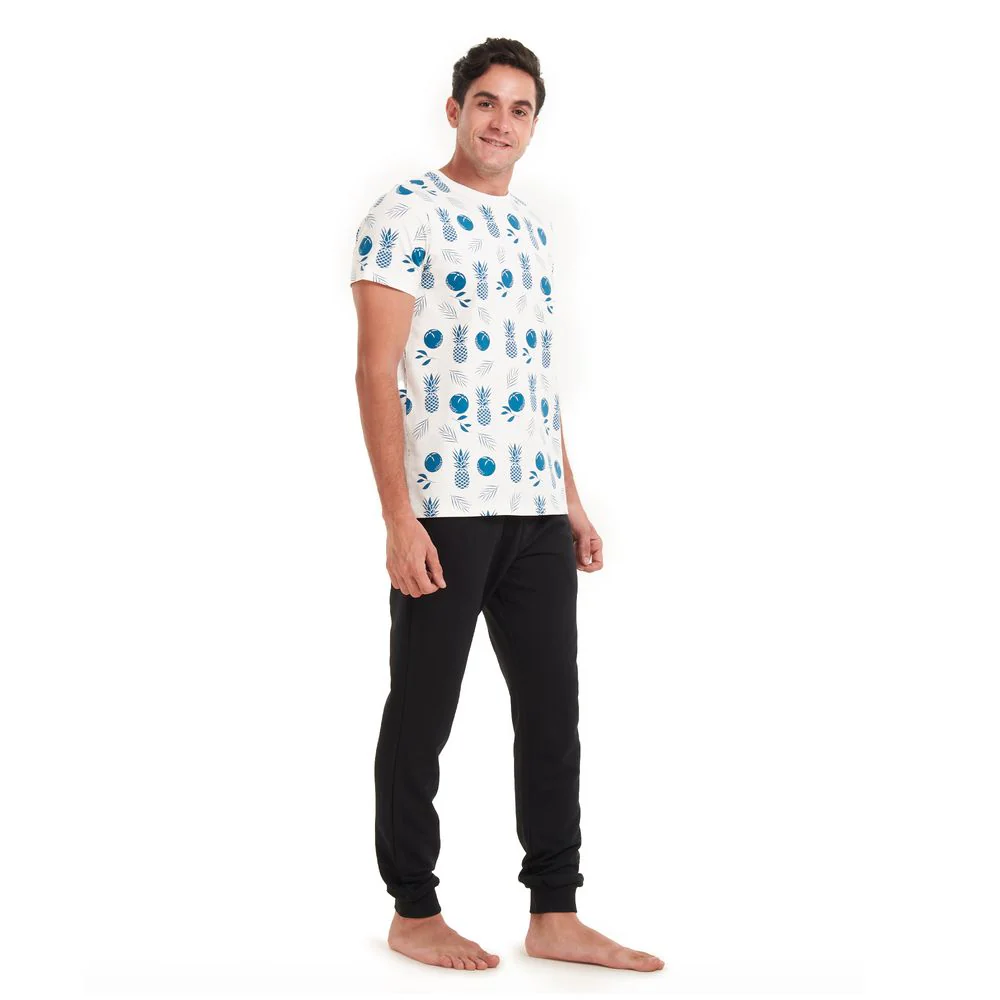 Men summer pajama set Pineapple T-shirt +Black pants