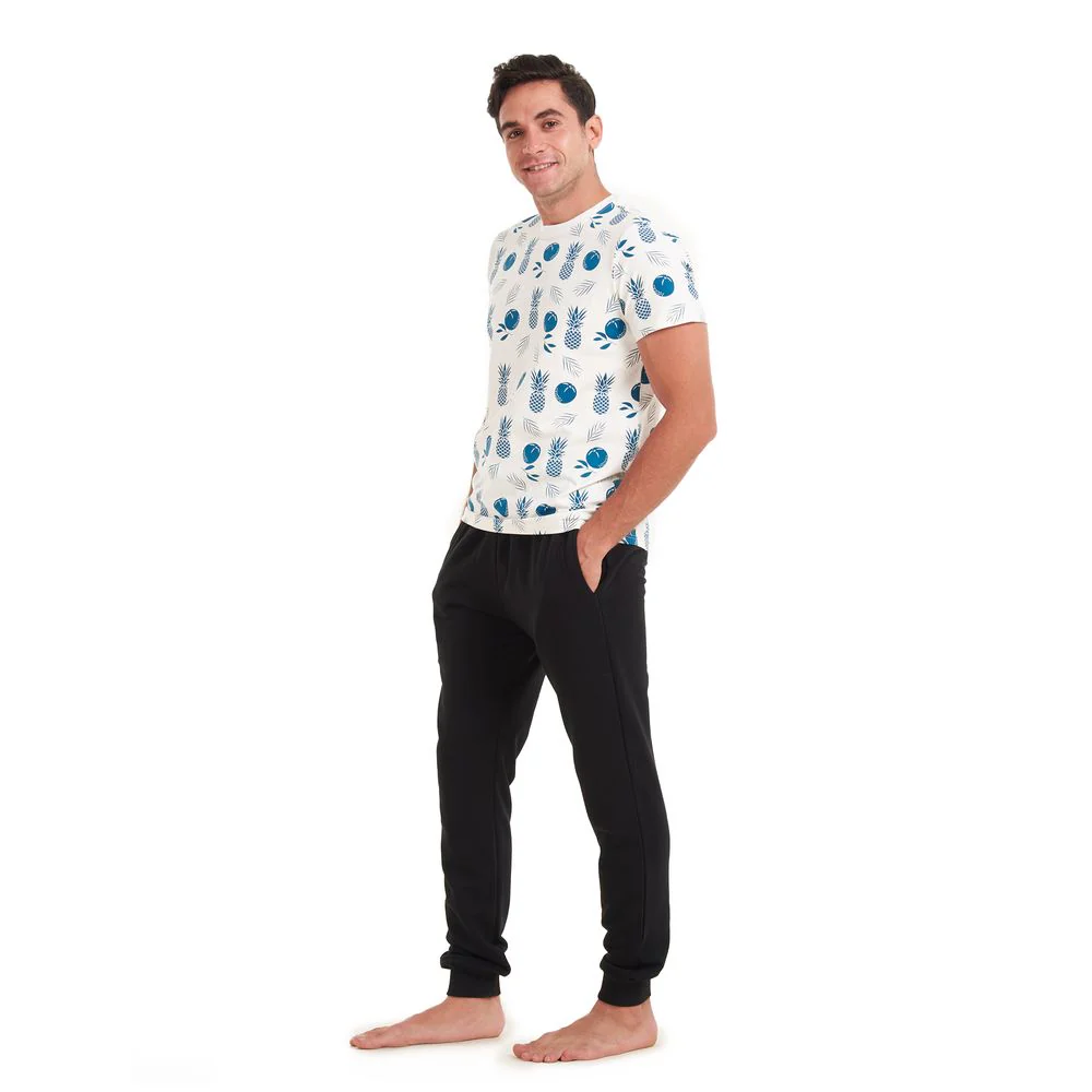 Men summer pajama set Pineapple T-shirt +Black pants - Image 2