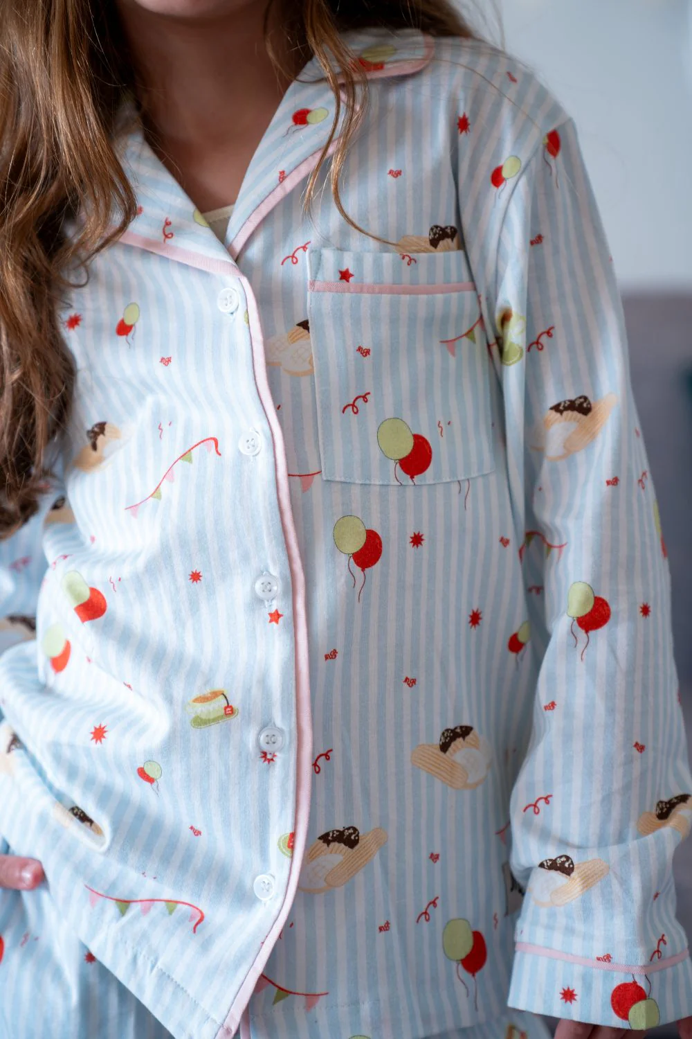 Girls kids Eid pajama set شاي بلبن Buttoned shirt + pants - Image 2