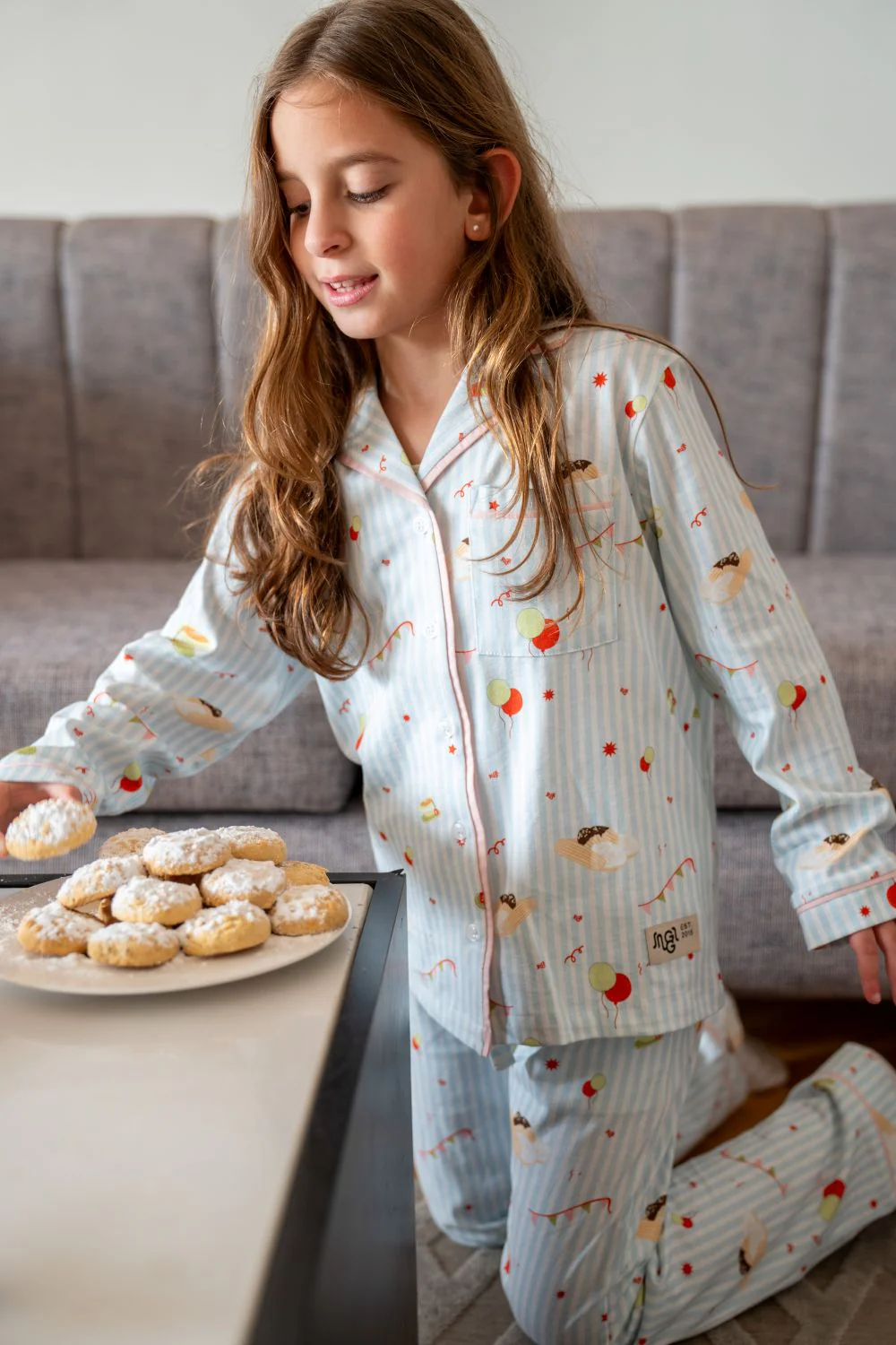 Girls kids Eid pajama set شاي بلبن Buttoned shirt + pants - Image 3