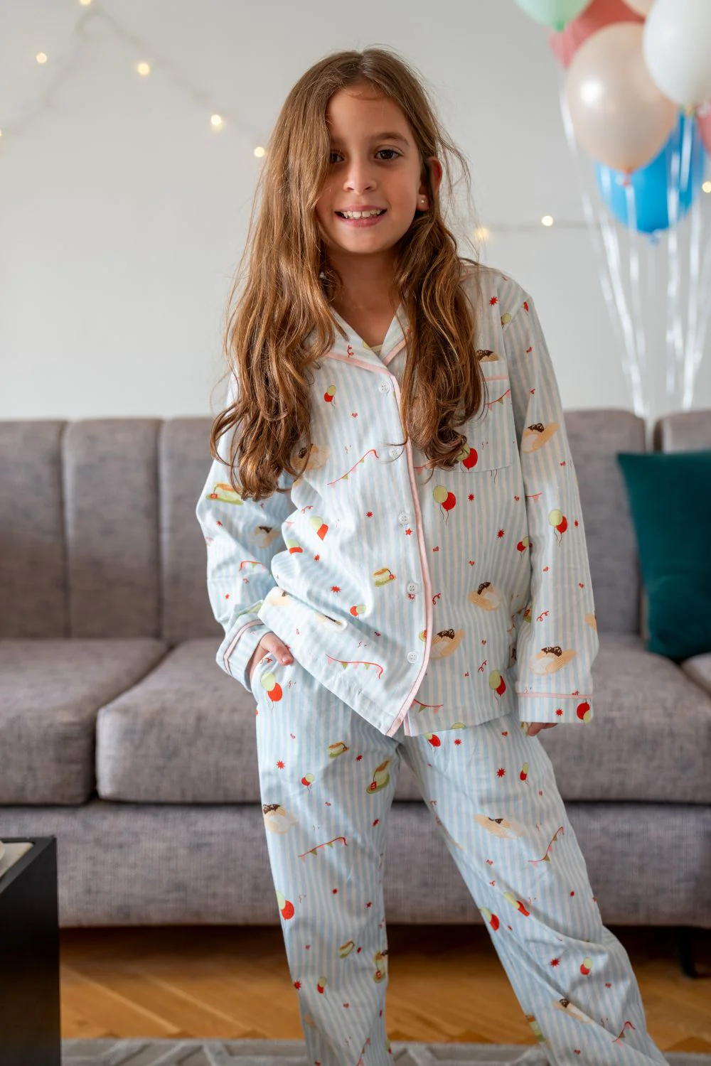 Girls kids Eid pajama set شاي بلبن Buttoned shirt + pants - Image 4