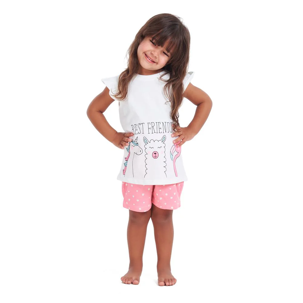 Girls summer pajama set Best friend t-shirt + Pink dotted shorts - Image 3