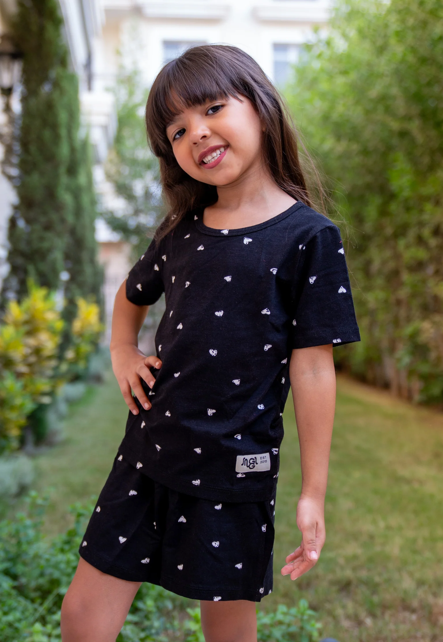 Girls summer pajama set Black Hearts t-shirt + Shorts - Image 2