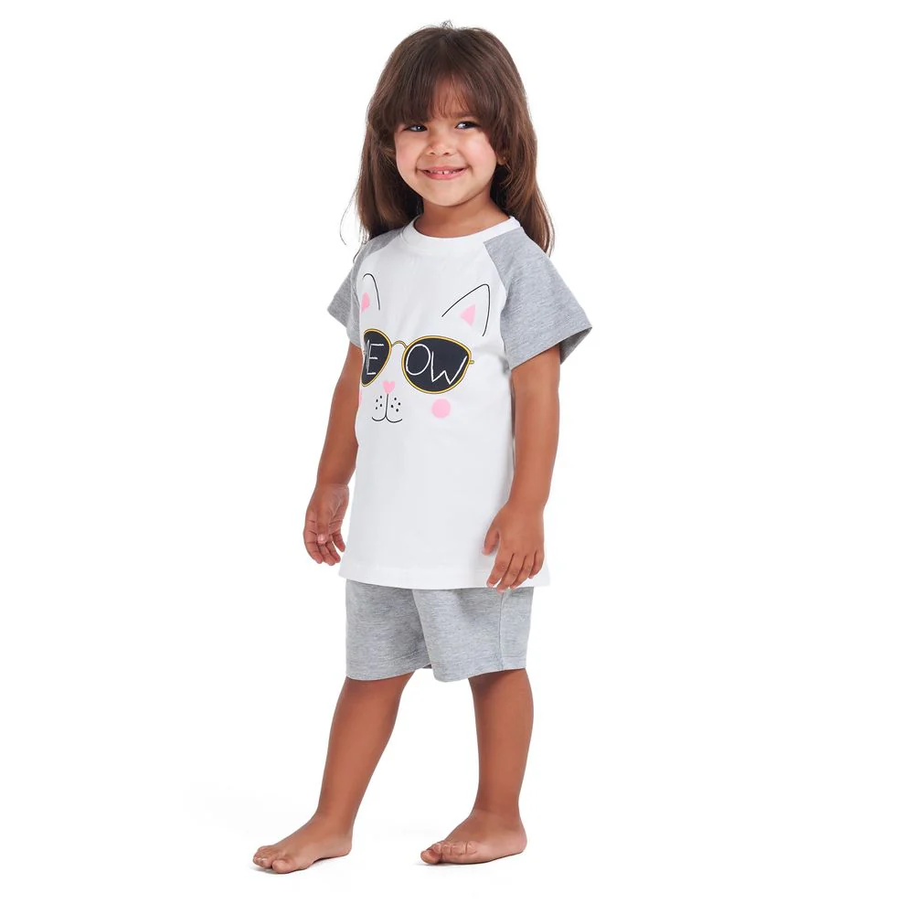Girls summer pajama set Cat t-shirt + Grey shorts - Image 2