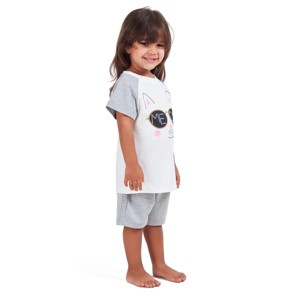 Girls summer pajama set Cat t-shirt + Grey shorts - Image 3
