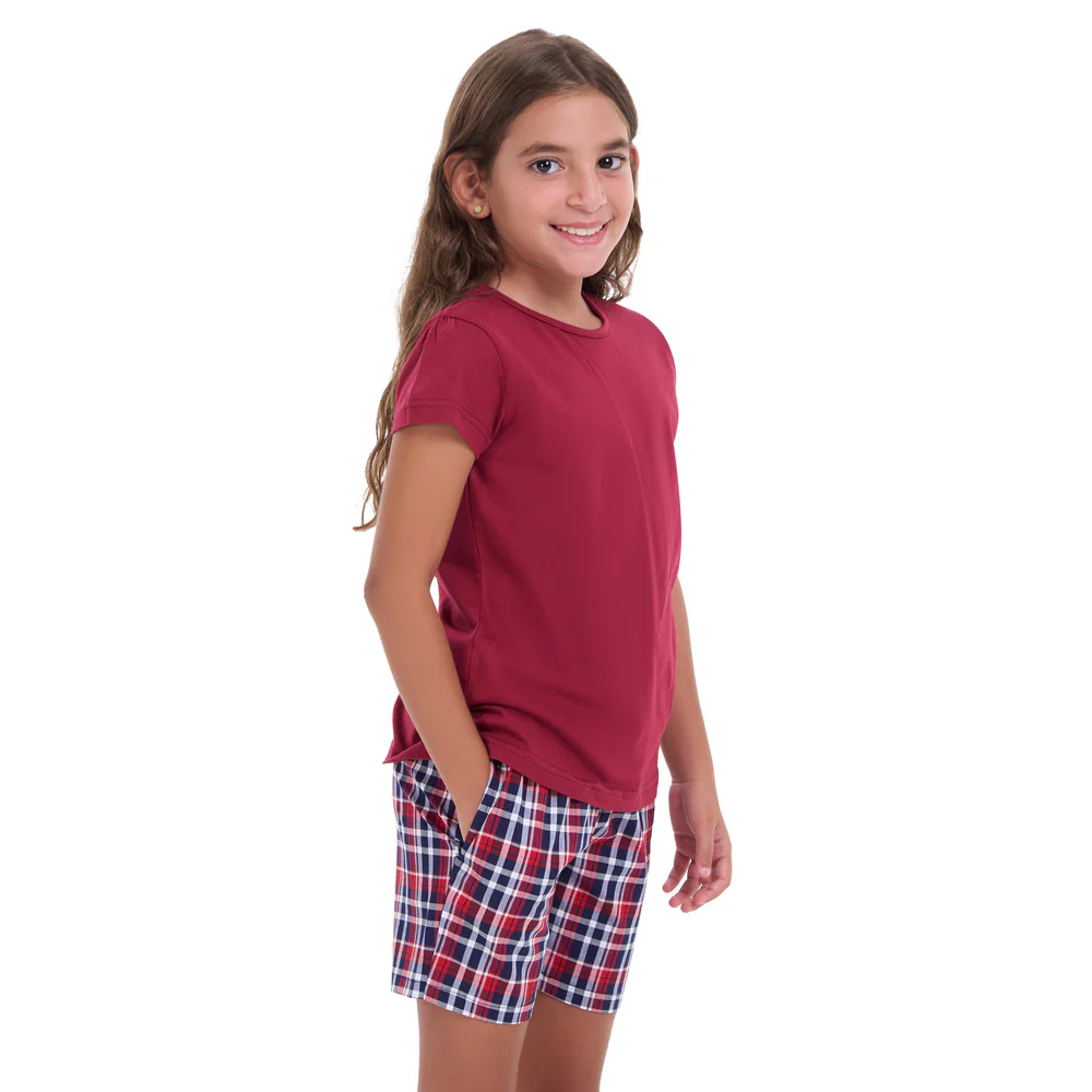 Girls summer pajama set Dark red t-shirt + Dark Blue x Red Checkered shorts - Image 2
