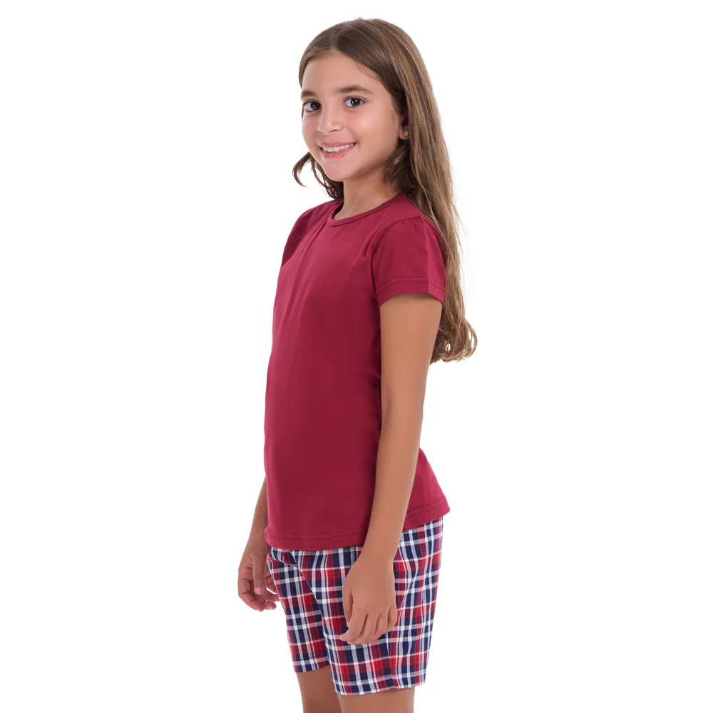 Girls summer pajama set Dark red t-shirt + Dark Blue x Red Checkered shorts - Image 3