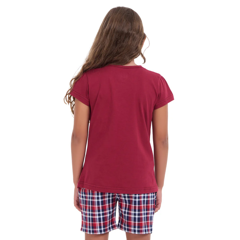 Girls summer pajama set Dark red t-shirt + Dark Blue x Red Checkered shorts - Image 4