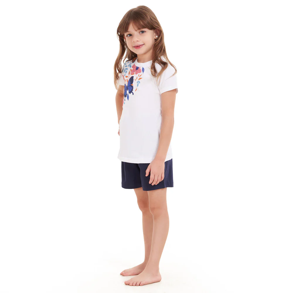 Girls summer pajama set Flowers t-shirt + Navy shorts - Image 2
