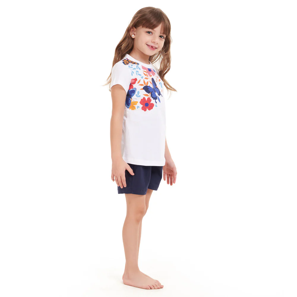 Girls summer pajama set Flowers t-shirt + Navy shorts - Image 4
