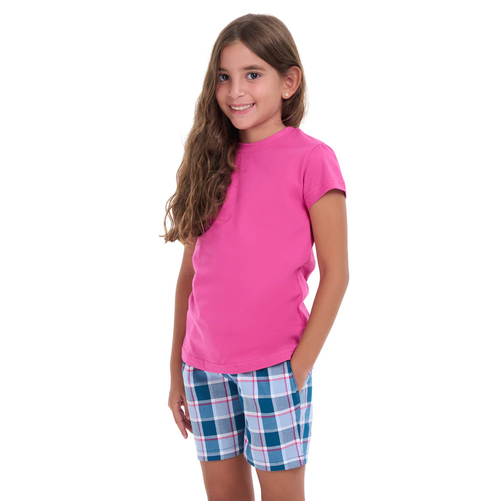 Girls summer pajama set Fuchsia t-shirt + Light blue x Petroleum Checkered shorts - Image 2